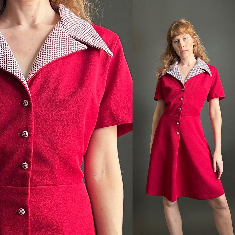 Vintage 1970s Checkered Print Collar Mod Mini Dress, XL